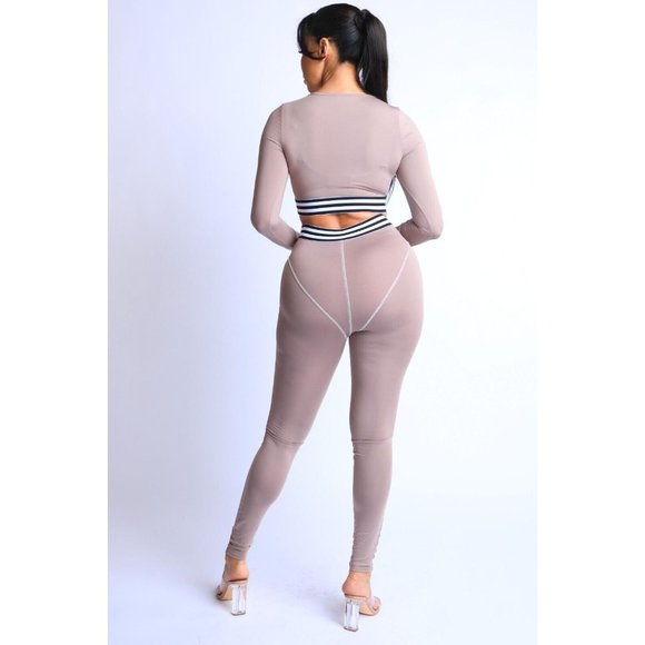 Women's Striped Elastic Waist Band Reverse Cover Stitch Detailed 2 Piece Set - Picture 4 of 9